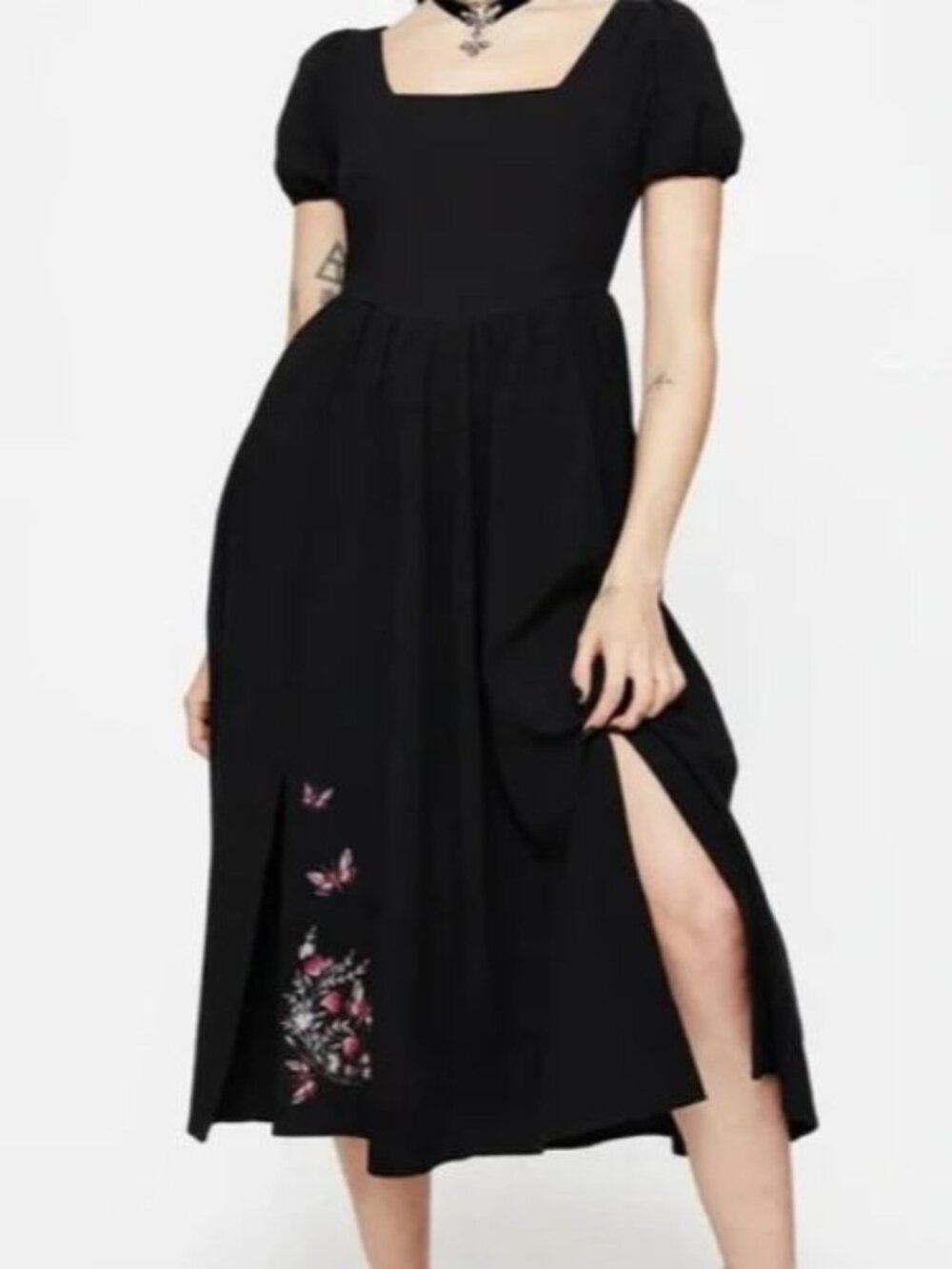 Disturbia Cybele Puff Sleeve Midi Dress US 4 Whimsigoth Witchy Boho Side Slit